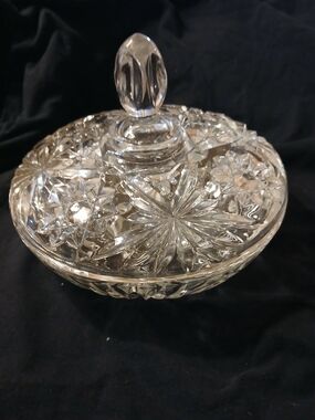 Pressed Glass Covered Candy Dish with Starburst Pattern - Clear